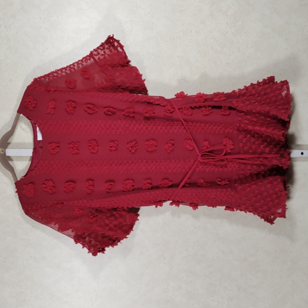 04186 Entro deep red ruffled and flocked mini dress L NWT